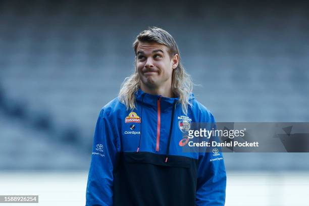 Bailey Smith of the Bulldogs reacts during a Western Bulldogs AFL training session at Marvel Stadium on August 03, 2023 in Melbourne, Australia.