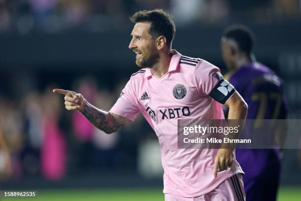 Lionel Messi of Inter Miami CF celebrates after scoring a goal during the Leagues Cup 2023 Round of 32 match between Orlando City SC and Inter Miami...