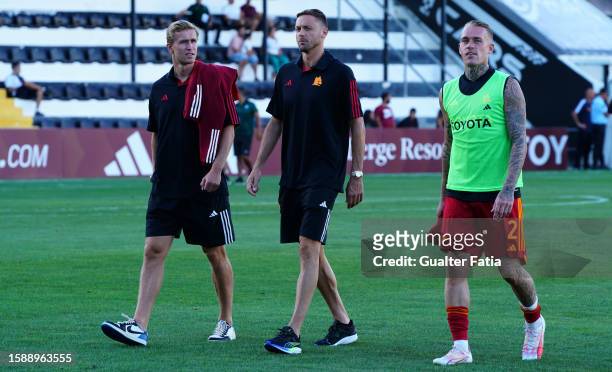 Nemanja Matic of AS Roma with Rick Karsdorp of AS Roma and Ola Solbakken of AS Roma before the start of the Pre-Season Friendly match between SC...
