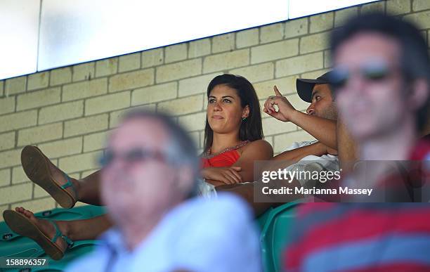 Swimmer Stephanie Rice looks on during day one of the Third Test match between Australia and Sri Lanka at Sydney Cricket Ground on January 3, 2013 in...