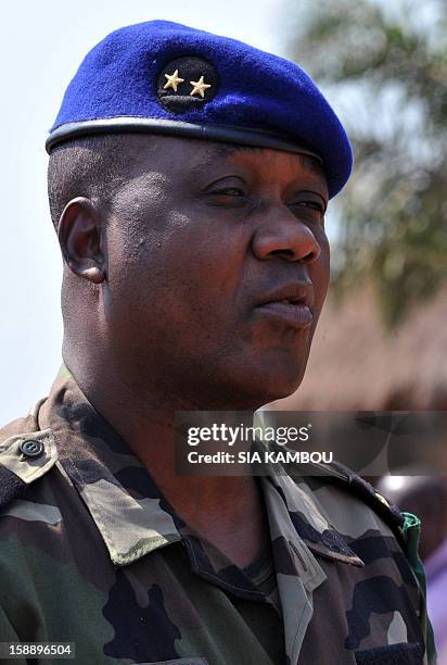 The commander of the regional African force FOMAC Jean-Felix Akaga reviews troops, on January 2, 2013 in Bangui after a press conference during which...