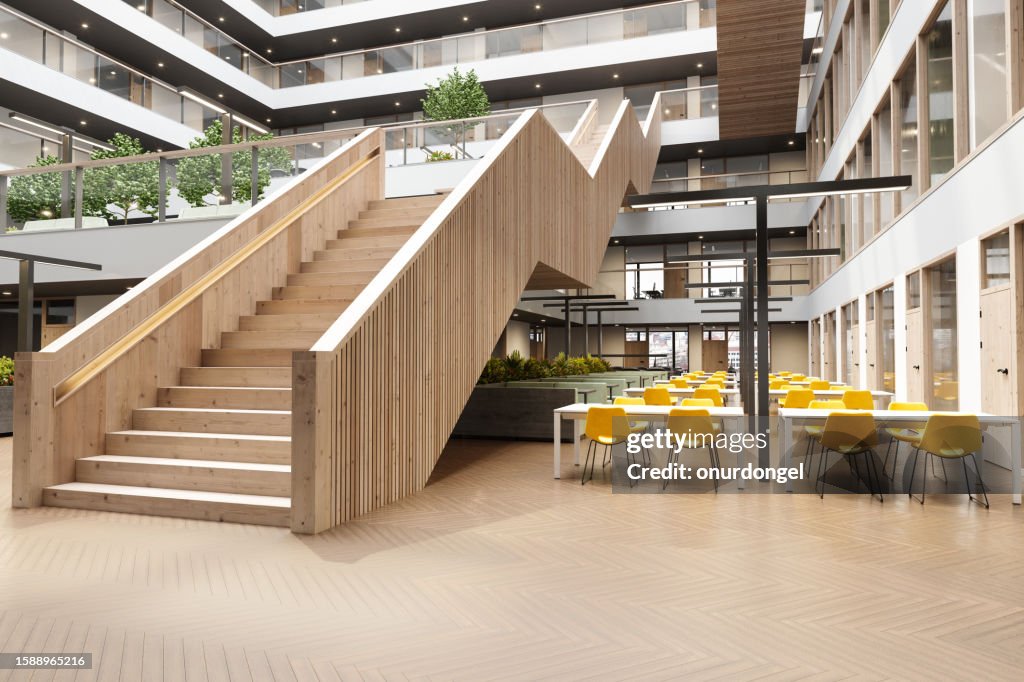 Modern Office Or Library Interior With Wooden Staircase, Plants And Waiting Area