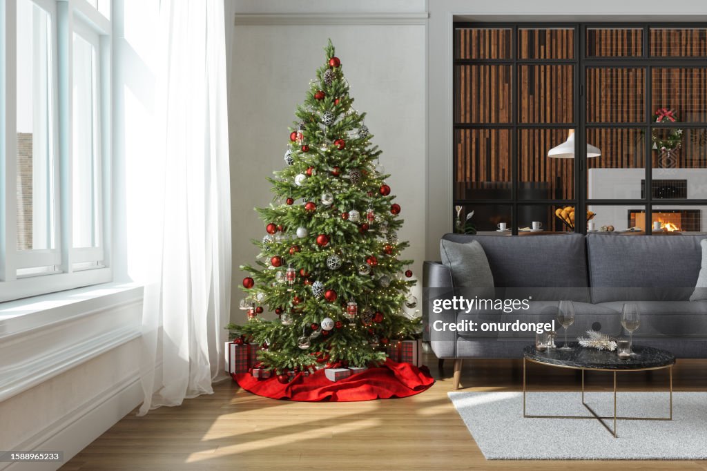 Modern Living Room Interior With Christmas Tree, Gift Boxes, Sofa And Dining Room Background