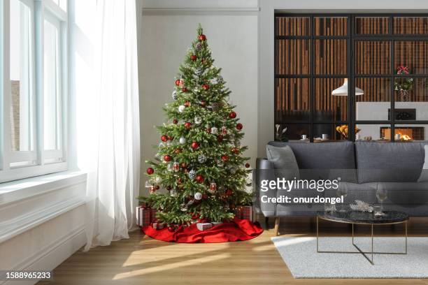modern living room interior with christmas tree, gift boxes, sofa and dining room background - christmas tree imagens e fotografias de stock
