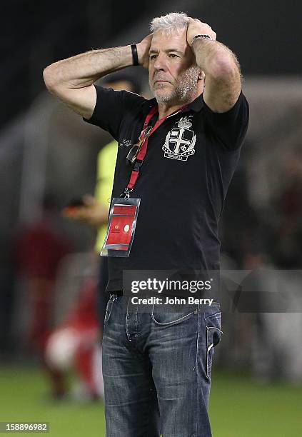 Eric Gerets, coach of Lekhwiya SC reacts during the friendly match between Paris Saint-Germain FC and Lekhwiya Sports Club at the Al-Sadd Sports Club...