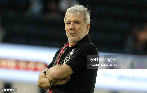 Eric Gerets, coach of Lekhwiya SC looks on during the friendly match between Paris Saint-Germain FC and Lekhwiya Sports Club at the Al-Sadd Sports...