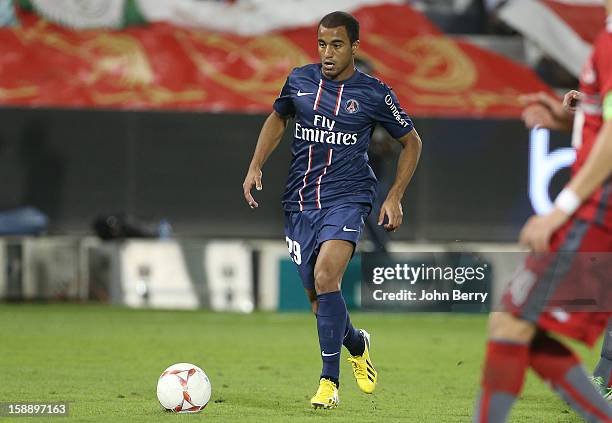 Lucas Moura of PSG in action during the friendly match between Paris Saint-Germain FC and Lekhwiya Sports Club at the Al-Sadd Sports Club stadium on...