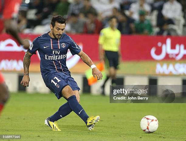 Ezequiel Lavezzi of PSG in action during the friendly match between Paris Saint-Germain FC and Lekhwiya Sports Club at the Al-Sadd Sports Club...