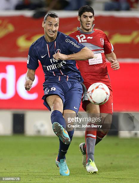 Zlatan Ibrahimovic of PSG in action during the friendly match between Paris Saint-Germain FC and Lekhwiya Sports Club at the Al-Sadd Sports Club...