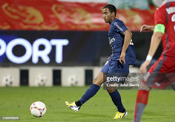 Lucas Moura of PSG in action during the friendly match between Paris Saint-Germain FC and Lekhwiya Sports Club at the Al-Sadd Sports Club stadium on...