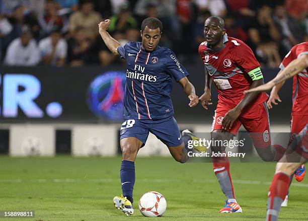 Lucas Moura of PSG in action during the friendly match between Paris Saint-Germain FC and Lekhwiya Sports Club at the Al-Sadd Sports Club stadium on...
