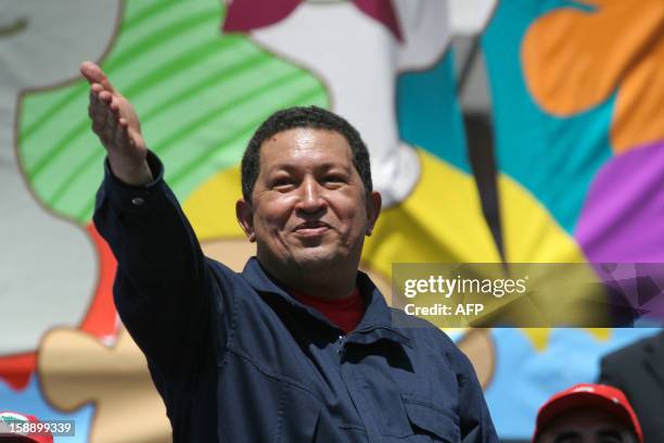 Venezuelan president Hugo Chavez gestures on stage during the Summit for Friendship and Integration of the Ibero American People - an alternative...