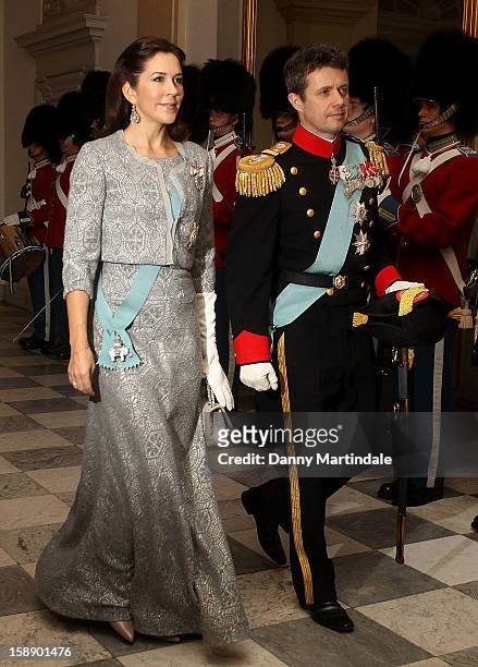 Crown Prince Frederik, and Crown Princess Mary of Denmark attend New Year's Levee held by Queen Margrethe of Denmark at Christian VII's Palace on...