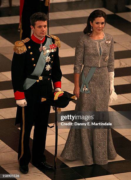 Crown Prince Frederik, and Crown Princess Mary of Denmark attend New Year's Levee held by Queen Margrethe of Denmark at Christian VII's Palace on...