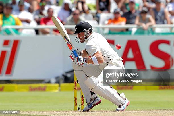 Brendon McCullum of New Zealand attempts to evade a ball during day 2 of the 1st Test between South Africa and New Zealand at Sahara Park Newlands on...