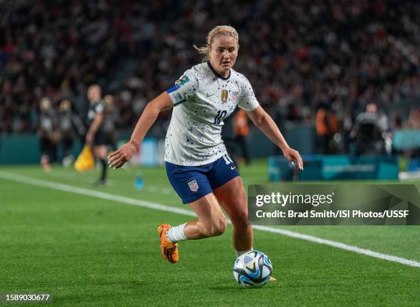 Lindsey Horan of the United States dribbles during a FIFA World Cup Group Stage game between Portugal and USA at Eden Park on August 1, 2023 in...