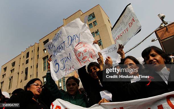 Activists of Pragatishil Mahila Sangathan Delhi and women lawyers protesting outside newly inaugurated fast track court at Saket District court where...