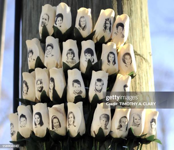 Roses with the faces of the Sandy Hook Elementry students and adults killed are seen on a pole in Newtown, Connecticut on January 3, 2013. Students...