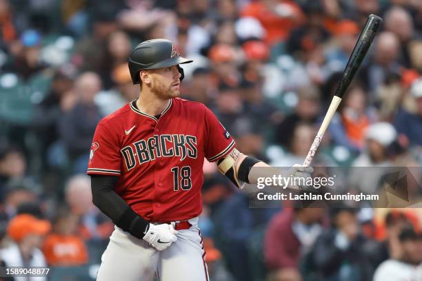 Carson Kelly of the Arizona Diamondbacks at bat against the San Francisco Giants at Oracle Park on August 01, 2023 in San Francisco, California.