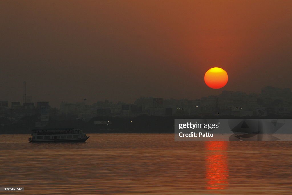 Sunset over the Hussain Sagar Lake, Hyderabad