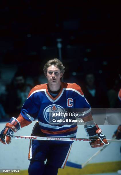 Wayne Gretzky of the Edmonton Oilers skates on the ice before a 1984 Stanley Cup Finals game against the New York Islanders in May, 1984 at the...