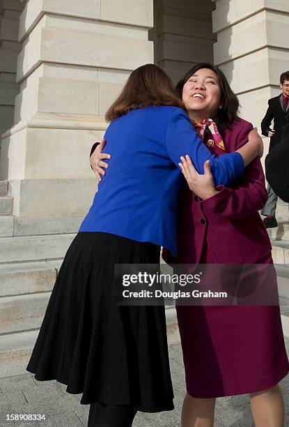 Jan 3 : Here, Rep. Ann Kirkpatrick, D-AZ., gives a hug to Rep. Grace Meng, D-NY., They where arriving at an event hosted by Democratic Leader Nancy...