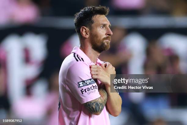 Lionel Messi of Inter Miami CF celebrates after scoring a goal in the second half during the Leagues Cup 2023 Round of 32 match between Orlando City...