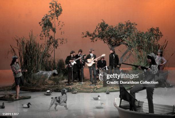 The Byrds perform on the NBC TV music show 'Hullabaloo' in November 1965 in New York City, New York.