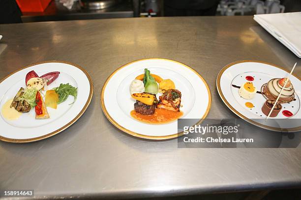 View of the appetizer, entree and dessert prepared by executive chef Suki Sugiura and executive pastry chef Thomas Henzi for the 2013 Golden Globe...