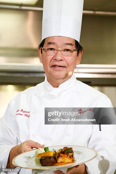 Executive chef Suki Sugiura performs a cooking demonstration to showcase the menu for the 2013 Golden Globe Awards at The Beverly Hilton Hotel on...