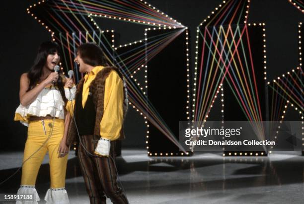 Pop duo Sonny and Cher perform on the NBC TV music show 'Hullabaloo' in September 1965 in New York City, New York.