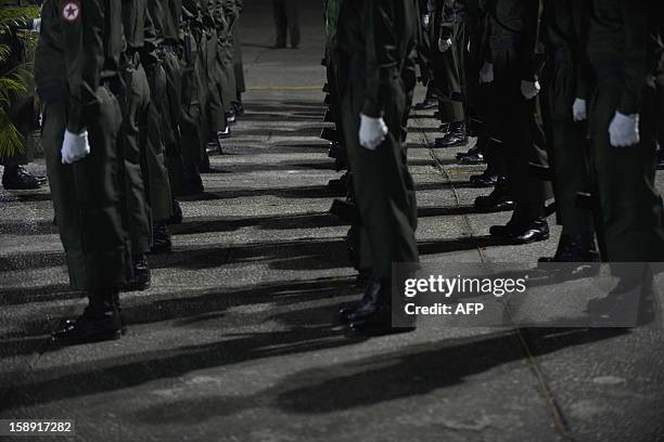 Honour guards stand to attention during a flag-raising ceremony to mark Myanmar's 65th Independence Day at the People's Square near Shwedagon pagoda...