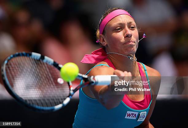 Yanina Wickmayer of Belguim plays a forehand in her semifinal match against Mona Barthel of Germany during day five of the 2013 ASB Classic at ASB...