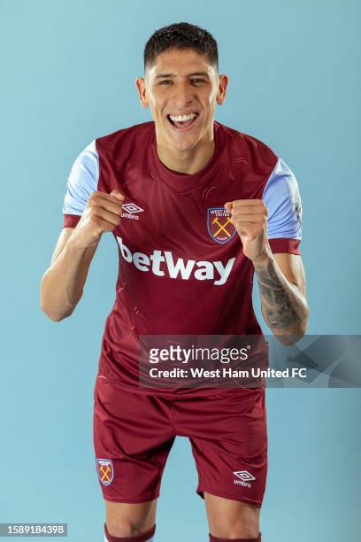 Edson Alvarez of West Ham poses after signing at London Stadium on August 09, 2023 in London, England.