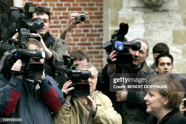 German Chancellor Angela Merkel arrives for a meeting of the European People's Party prior to a two-day EU summit in Brussels 15 December 2005.