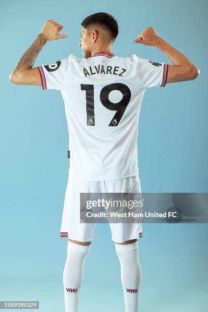 Edson Alvarez of West Ham poses after signing at London Stadium on August 09, 2023 in London, England.