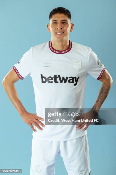 Edson Alvarez of West Ham poses after signing at London Stadium on August 09, 2023 in London, England.