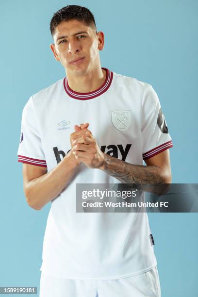 Edson Alvarez of West Ham poses after signing at London Stadium on August 09, 2023 in London, England.