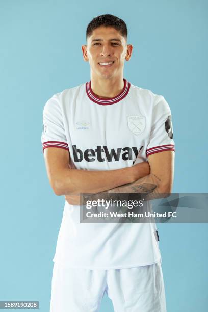 Edson Alvarez of West Ham poses after signing at London Stadium on August 09, 2023 in London, England.