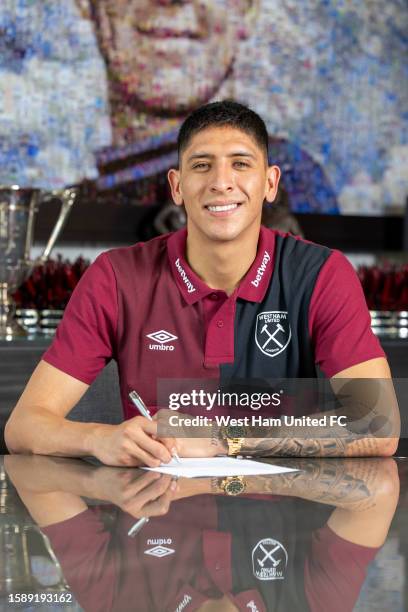 Edson Alvarez of West Ham poses after signing at London Stadium on August 09, 2023 in London, England.