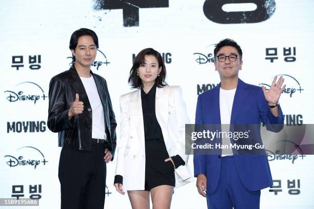 South Korean actors Zo In-Sung, Han Hyo-Joo and Ryu Seung-Ryong attend the Disney+ 'Moving' a press conference at the Grand Intercontinental Hotel on...