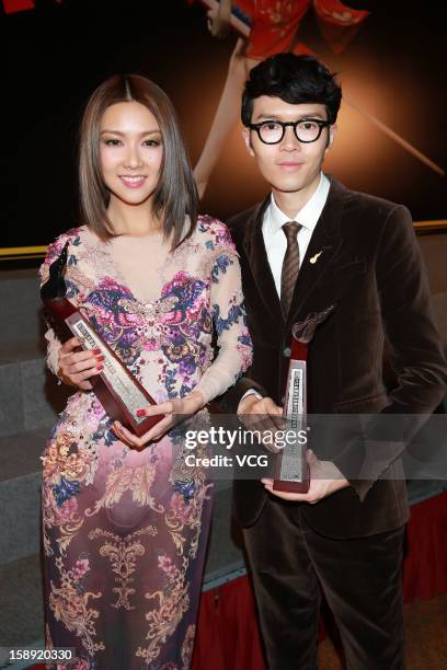 Singers Khalil Fong and Fiona Sit attend 2012 Chic Chak Music Awards at Hong Kong Convention and Exhibition Center on January 2, 2013 in Hong Kong,...