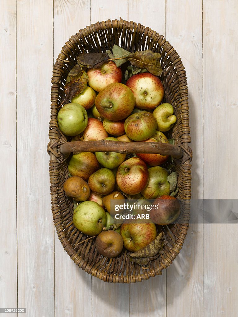Basket of apples on wooden table