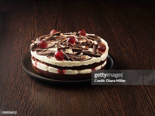 plate of forest gateau cake - black forest gateau stock pictures, royalty-free photos & images