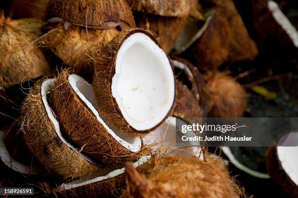 close up of halved coconuts - coco fotografías e imágenes de stock