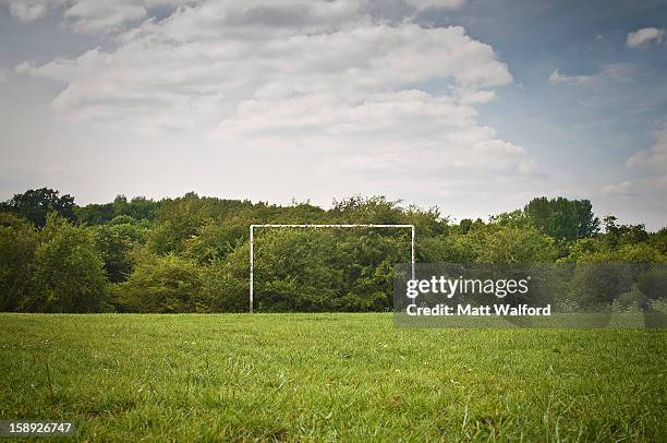 soccer goal on grassy pitch - サッカー場　無人 ストックフォトと画像