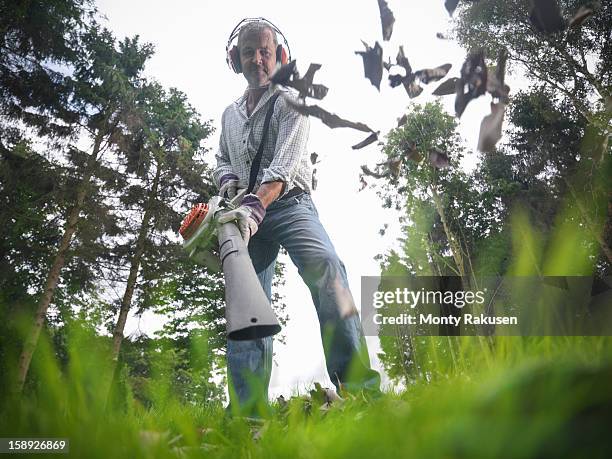 gardener wearing ear protectors using leaf blower, surface level view - pusten mann stock-fotos und bilder