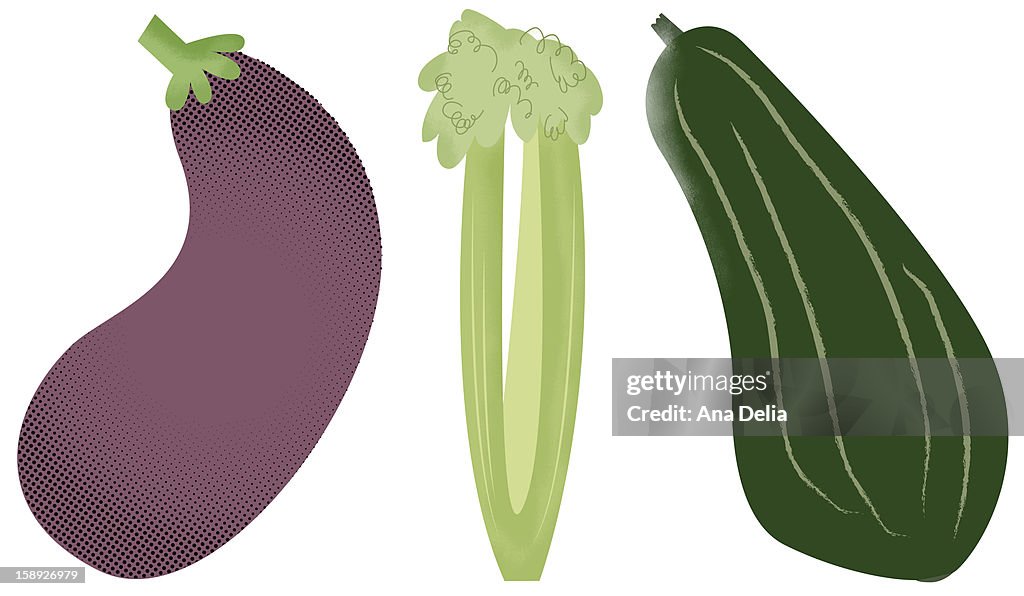 An eggplant, celery, and zucchini
