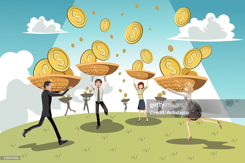 Business people catching money in baskets
