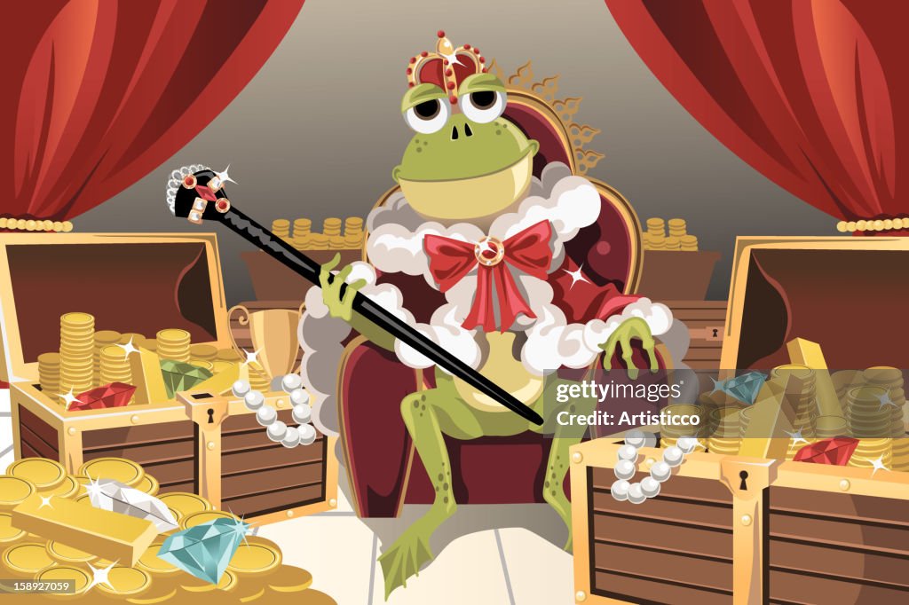 A king frog sitting on his throne holding a scepter